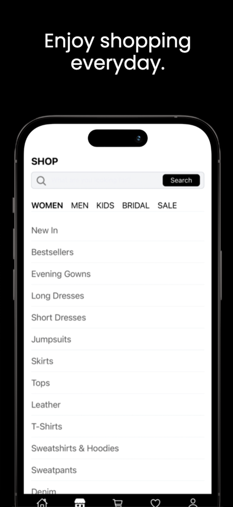 Albina Dyla - Interfaz de la aplicación de moda de lujo Albina Dyla que muestra un menú de categorías de ropa como vestidos de noche y moda nupcial