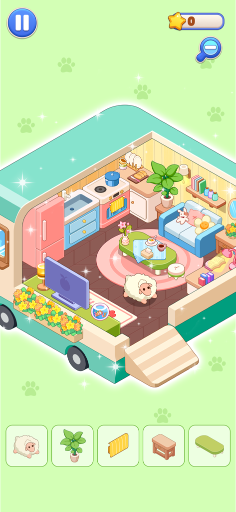Cozy pastel caravan interior decoration in Fantasy Room game
