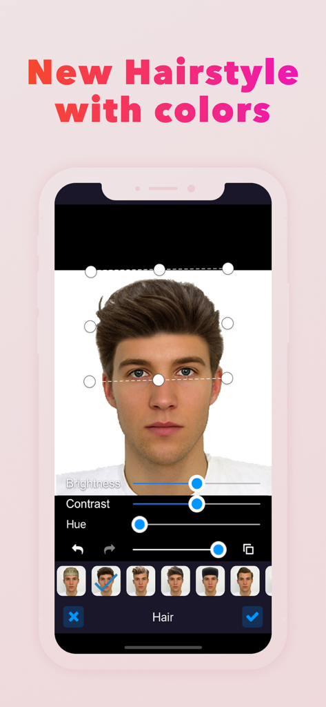 Interfaz de editor de fotos masculino para cambiar peinados y colores de pelo