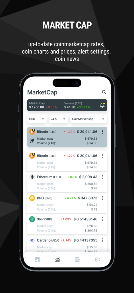 Mobile app interface showing real-time cryptocurrency market cap and prices for Bitcoin and Ethereum