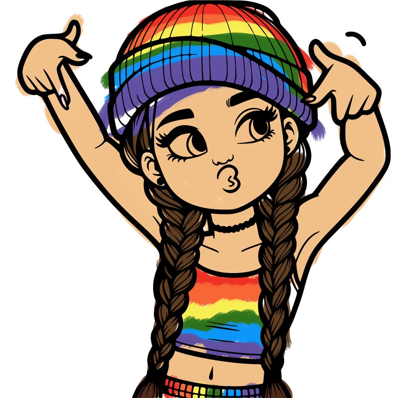 realistic teenage girl with braids and a beanie and crop top doing 🫶🏼