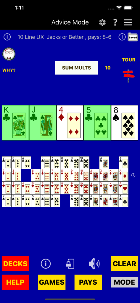 Interfaz de la aplicación Play Perfect UltimateX mostrando el Modo de Consejo para la estrategia de video poker y la selección de cartas.