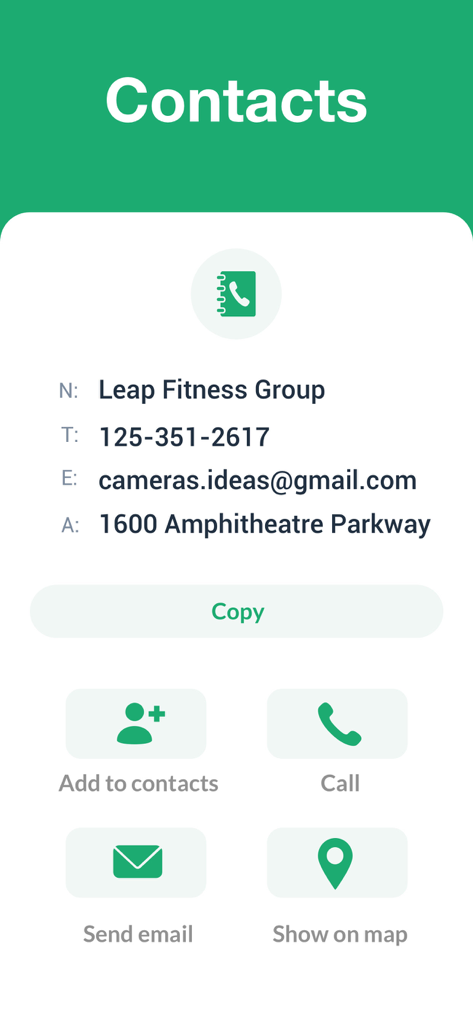 QR Code Reader & QR Scanner · - Una pantalla de aplicación móvil que muestra la información de contacto escaneada desde un código QR con botones para llamar, enviar correo electrónico o agregar a contactos