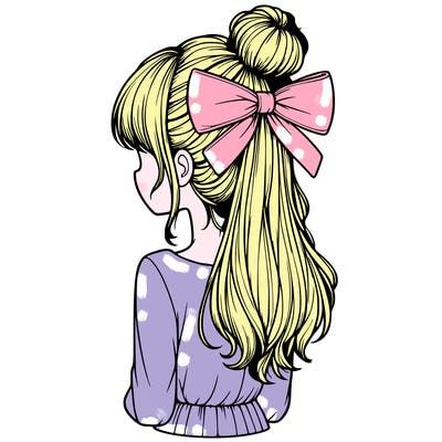 realistic girl  with hip length hair a bun and a big bow on the back of head