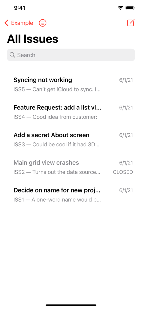 Screenshot dell'app Scarlet che mostra un elenco di issue di progetto per sviluppatori con titoli e stati su iPhone