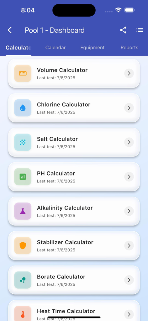 Painel do aplicativo Pool Chem Calculator mostrando várias calculadoras de manutenção de piscina como cloro, pH e sal