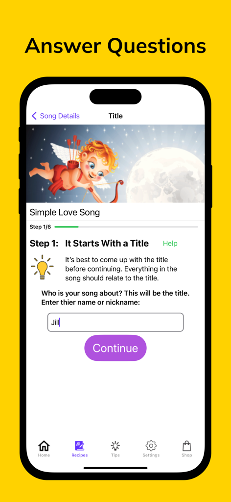 Song Chef - Interface of Song Chef app showing the first step to create a custom love song by entering a title.