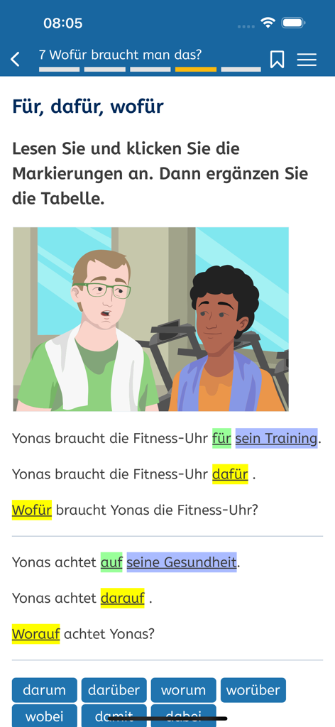 B1-Deutsch - Screenshot of the B1-Deutsch app showing a German grammar lesson with illustrations and interactive text
