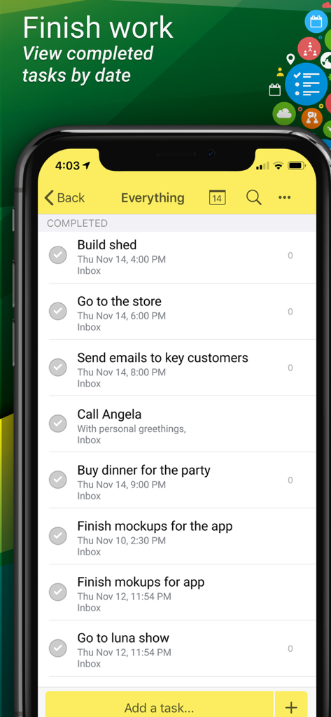 Una captura de pantalla de la aplicación Todo que muestra una lista de tareas completadas organizadas por fecha en un iPhone.