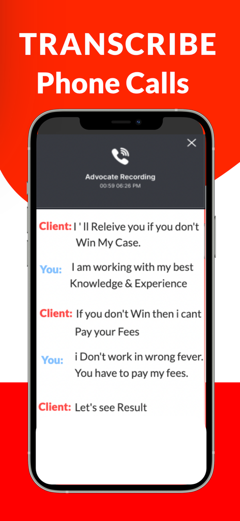 iCall Recorder: Tape A Call - Una pantalla de teléfono móvil que muestra una transcripción de texto de una llamada telefónica grabada entre dos partes.