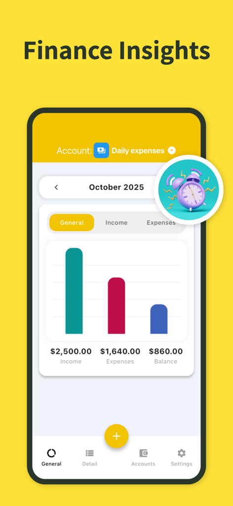 Fluxi: Expense Tracker - Écran d'aperçu financier de l'application Fluxi montrant un graphique à barres des revenus mensuels, des dépenses et du solde.
