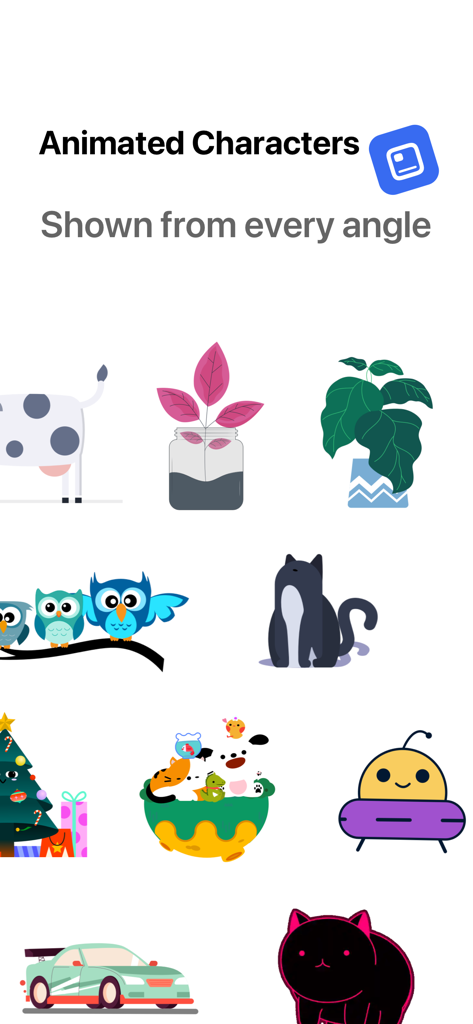 Banklet - Savings Plan - A collection of cute animated characters like cats, owls, and plants used for widgets in the Banklet savings app.