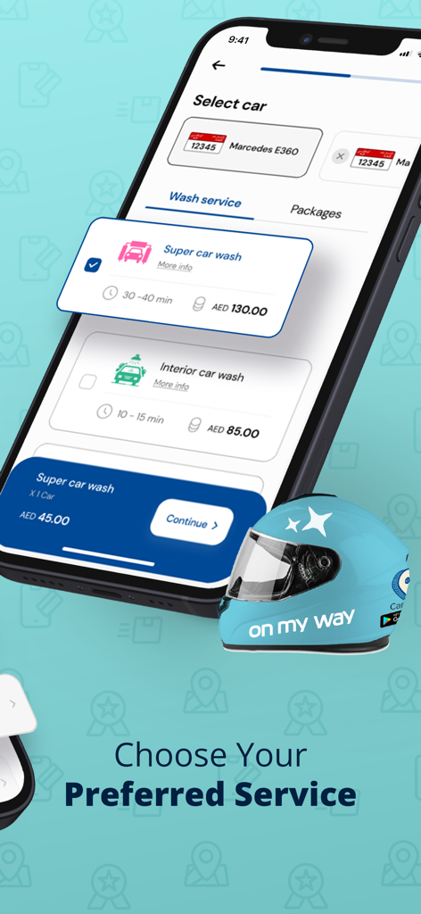 On My Way: Car Wash - Mobile app interface of On My Way showing car selection and various car wash service options with prices
