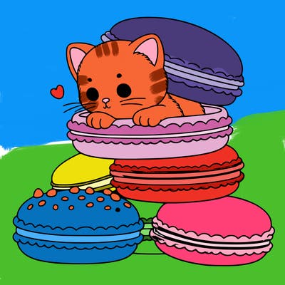 a kitten popping out of a stack of pastel macarons