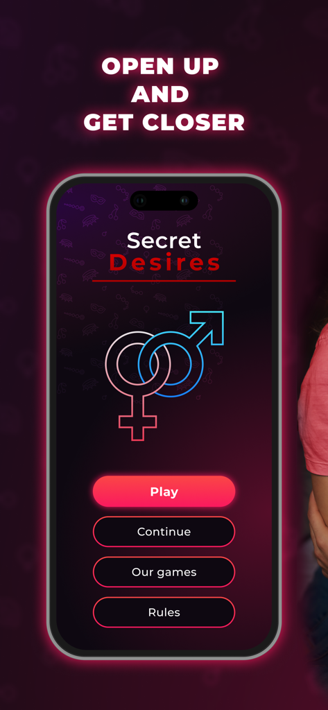 Couple Game – Secret Desires - Main menu of the Secret Desires mobile app for couples featuring a play button and gender symbols.