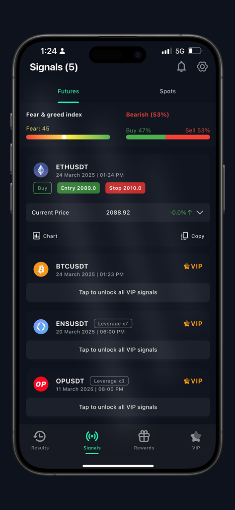 Whale Crypto Signals - Whale Crypto Signals app interface showing futures trading signals and market sentiment indicators