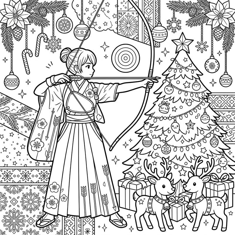 Discover a truly unique blend of tradition and festivity with our Archery Samurai Christmas coloring page. This intricate design invites you to color a skilled archer amidst a joyous holiday scene, perfect for a creative escape.
