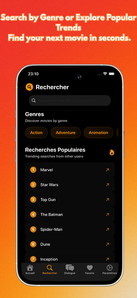Lookmovie : movies & TV Shows - Lookmovie app search interface showing movie genres and a list of popular trending movie searches including Marvel and Star Wars.