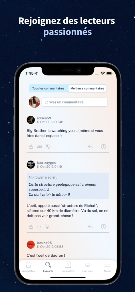 Se Coucher Moins Bête - A smartphone screenshot of the Se Coucher Moins Bete app showing a lively user comment section and community interaction on trivia topics