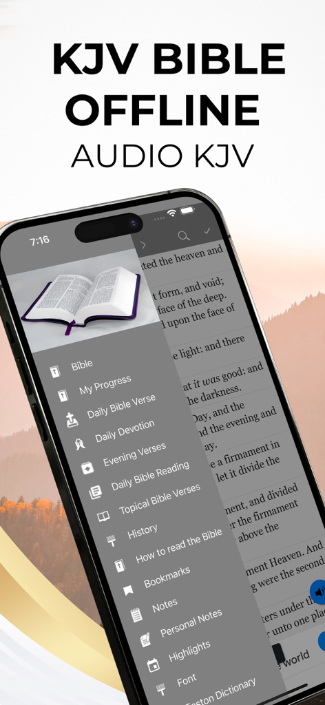 Navigation menu of the KJV Bible Offline app on a smartphone showing study tools and daily devotion features