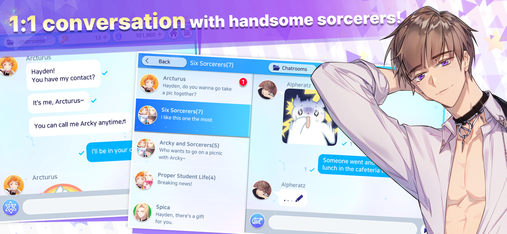 Arcana Twilight : Anime game - Interactive chat interface in Arcana Twilight showing personal and group conversations with handsome anime sorcerers