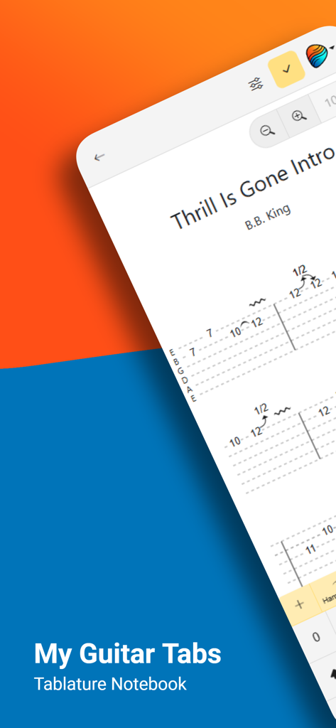 My Guitar Tabs - Digital guitar tablature interface in the My Guitar Tabs app displaying a song intro by B.B. King
