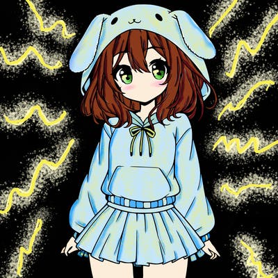 pretty anime girl wearing a fluffy hoodie with bunny ears on the hood and a skirt