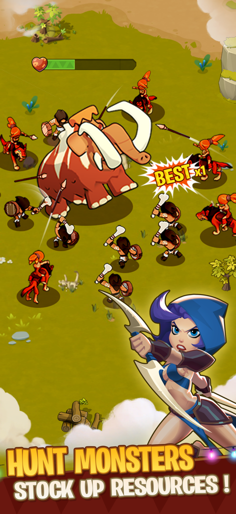 Prähistorische Krieger und ein Bogenschütze jagen ein Mammut im Spiel Brutal Age Horde Invasion.