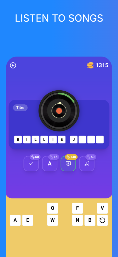 Music Trivia : Guess the songs - Pantalla de juego de Trivia Musical mostrando un puzzle de título de canción con un icono de disco de vinilo y opciones de pista