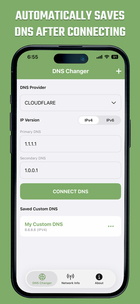 Custom DNS Changer IPV4 & IPV6 - Custom DNS Changer app interface showing Cloudflare IP settings and saved custom DNS configurations