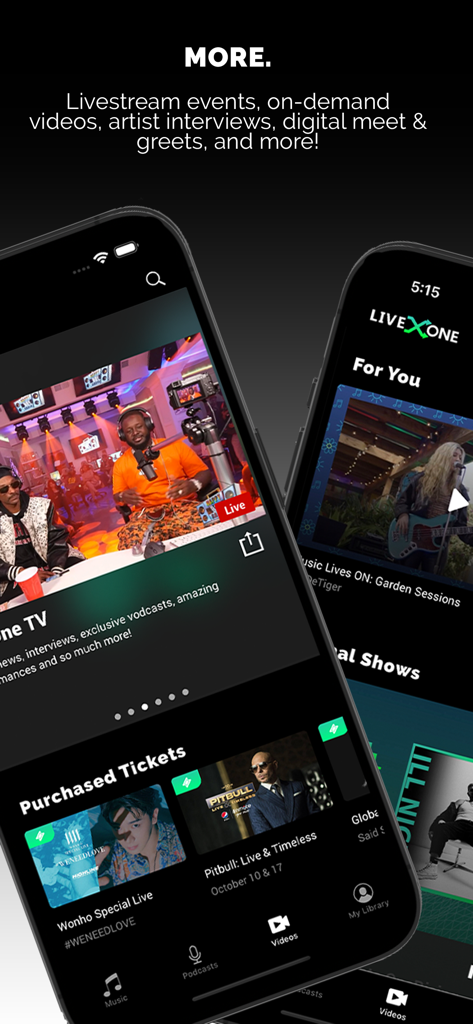 LiveOne Music - LiveOne Music app interface displaying livestream events and purchased concert tickets