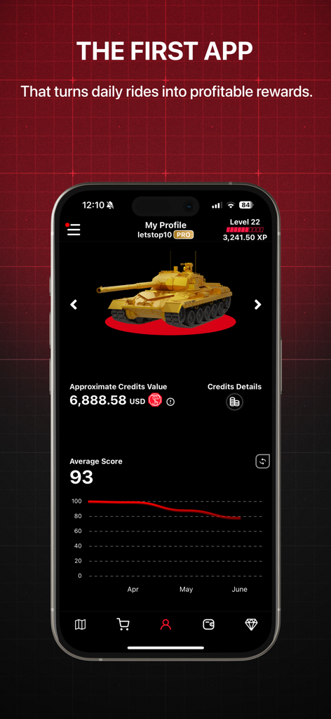 LETSTOP app profile showing earned rewards and driving safety score graph
