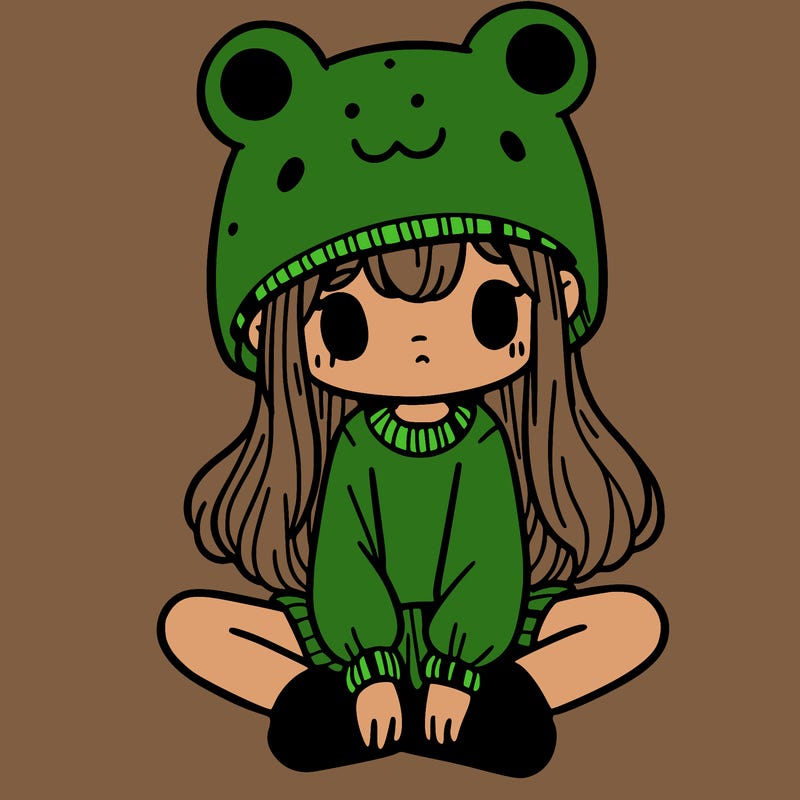 a girl wearing a frog hat and some frog socks
