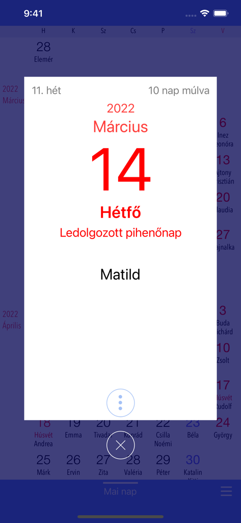 Névnaptár - Detailed day view in the Hungarian Name Day Calendar app showing March 14 and the name Matild