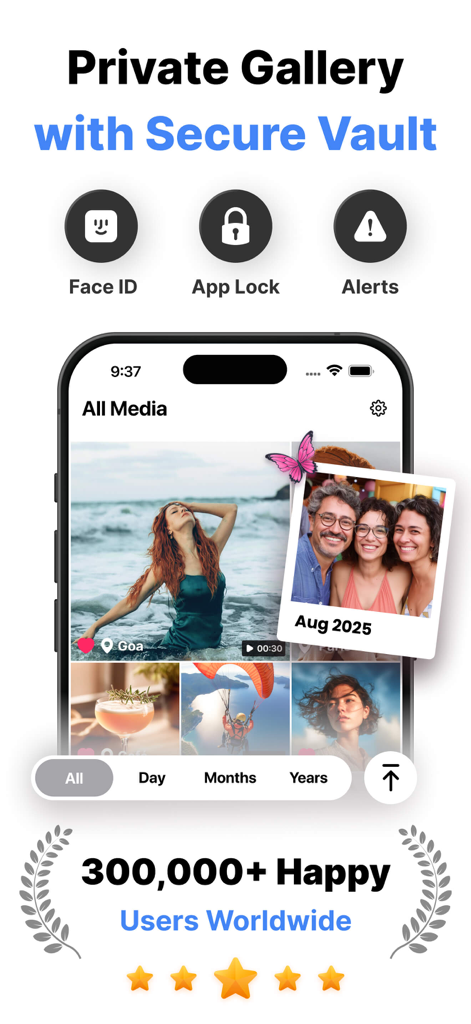 Gallery – Photo Vault - Promotional screen for Gallery Photo Vault app highlighting Face ID security, app lock, and private media management