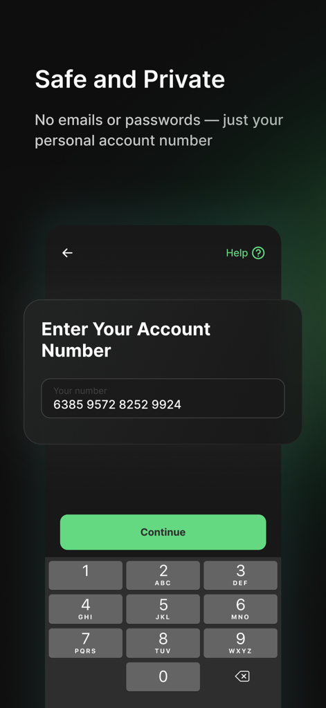 SHIVA: Safe, Fast, Private - Pantalla de inicio de sesión de SHIVA VPN que muestra la entrada del número de cuenta para privacidad sin correo electrónico ni contraseña.