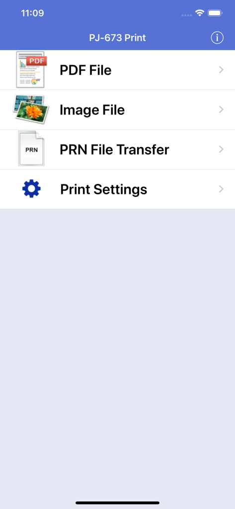 Menú principal de la aplicación PJ-673 Print con opciones para imprimir archivos PDF, imágenes y PRN.