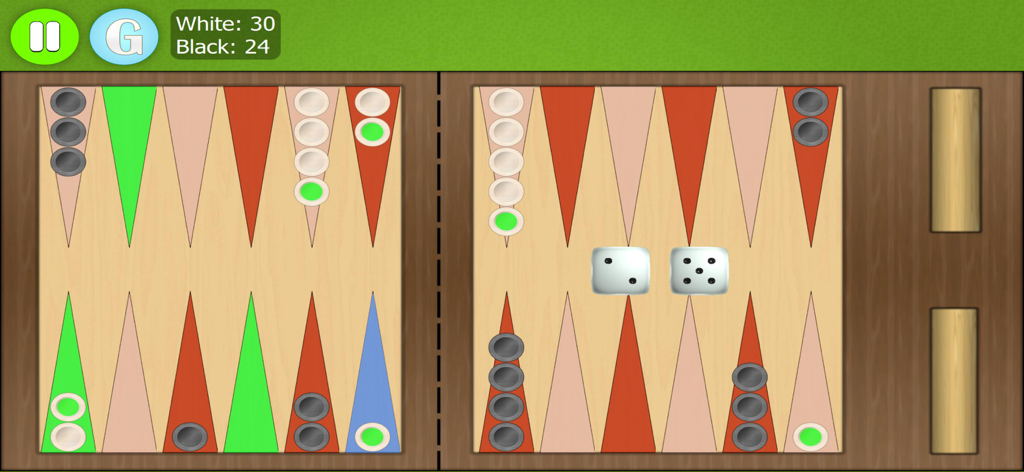 Backgammon game board with dice and checkers in a digital match