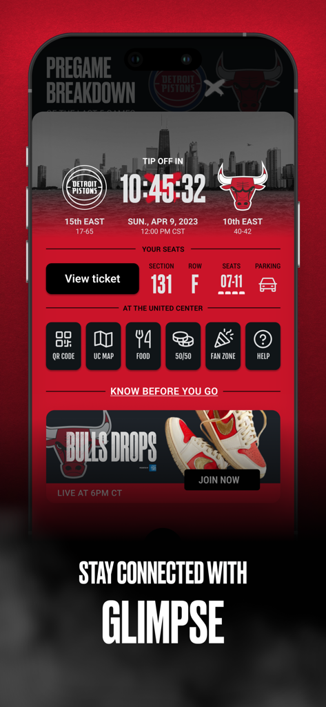 Chicago Bulls app pregame interface showing match countdown and ticket details