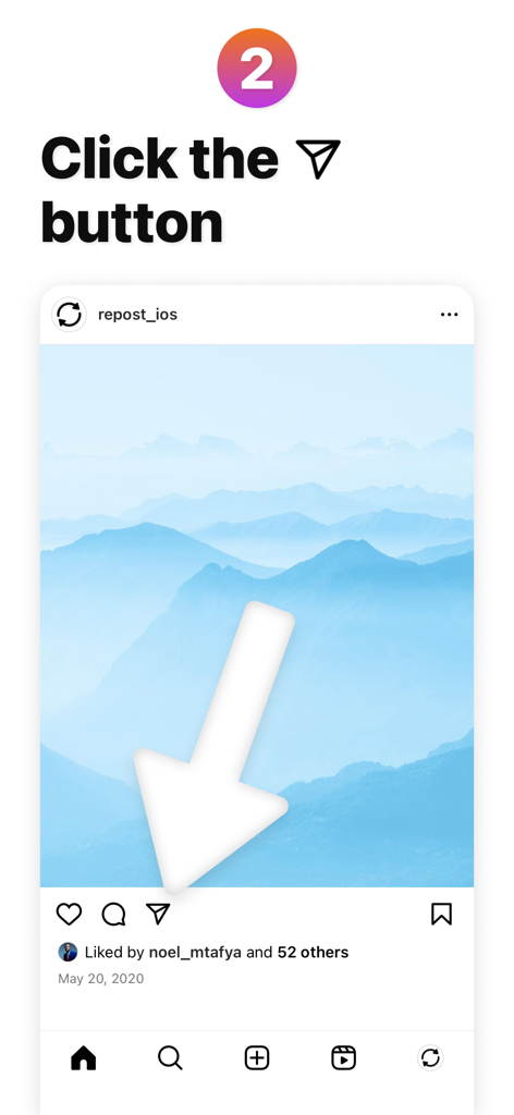 Tutorial step showing how to click the share icon on an Instagram post to begin the reposting process