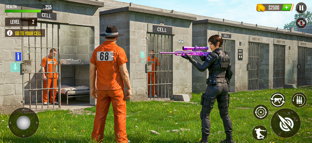 Jail Break Prison Escape Game - A tactical guard aiming a purple sniper rifle at prisoners in an outdoor jail cell block
