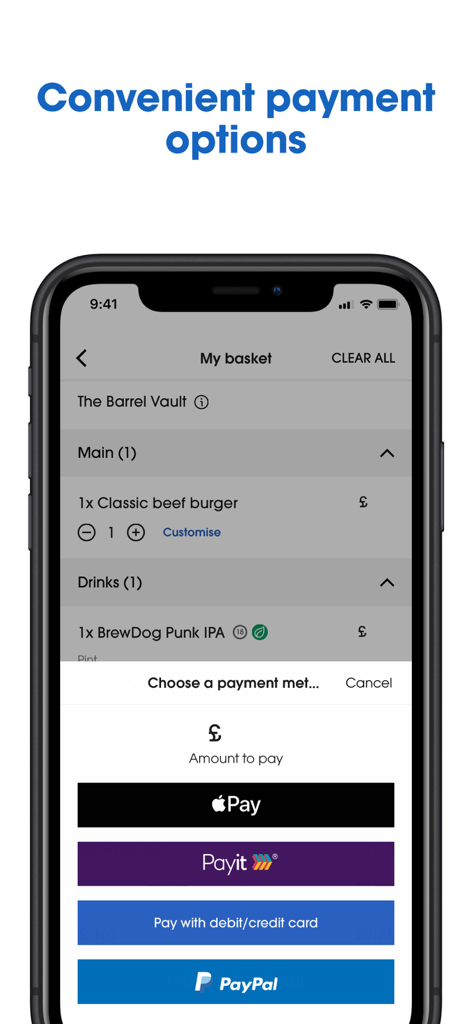 Wetherspoon - Smartphone screen showing the Wetherspoon app checkout basket with payment methods including Apple Pay Payit and PayPal