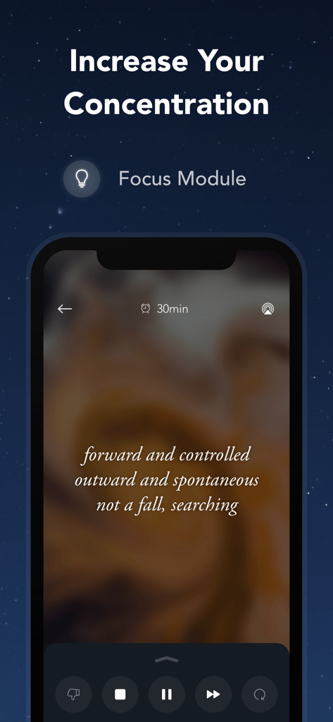 Pzizz - Sleep, Nap, Focus - Pantalla de smartphone que muestra la interfaz del módulo Focus de Pzizz con un temporizador de 30 minutos y funciones de concentración