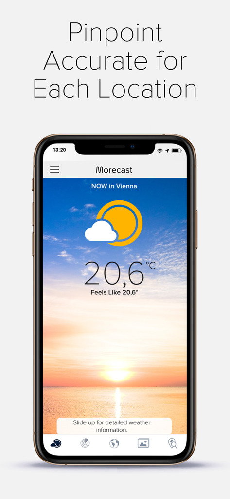 MORECAST Weather App - Morecast weather app interface showing local temperature and pinpoint accurate forecast on a smartphone