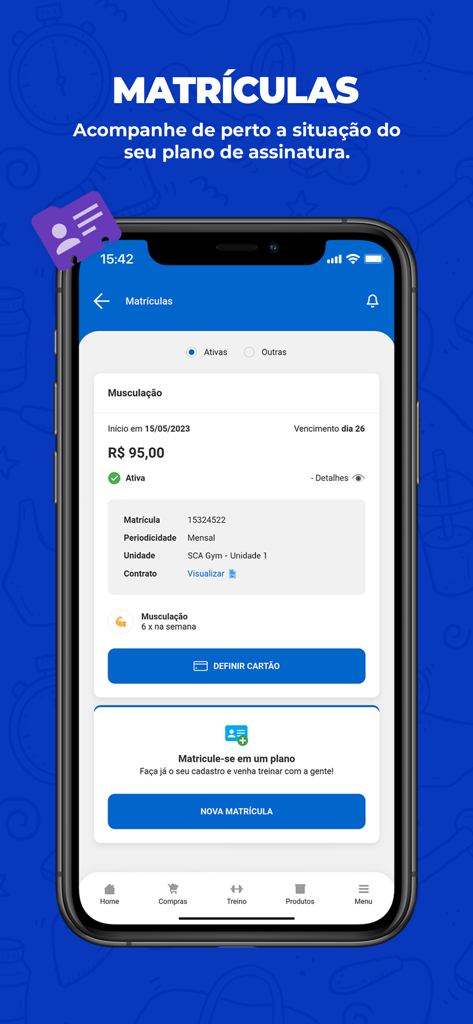 SCA Aluno app interface showing gym membership status and enrollment details