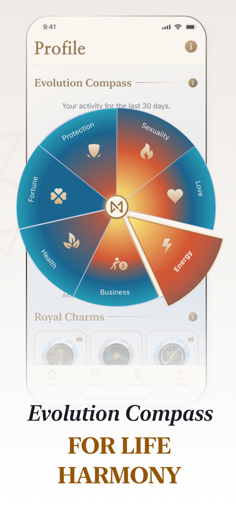 Fortune Teller - Metacharms - Interfaz de la aplicación Metacharms mostrando la Rueda de la Brújula de Evolución para seguir los sectores de armonía vital como energía y negocios