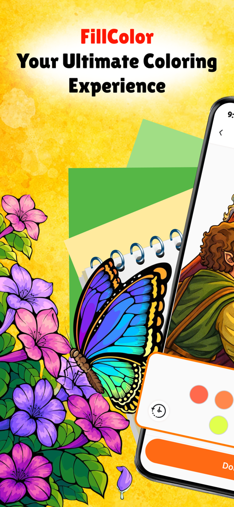 FillColor: Bliss Coloring Book - Smartphone displaying FillColor app with a butterfly and floral illustrations