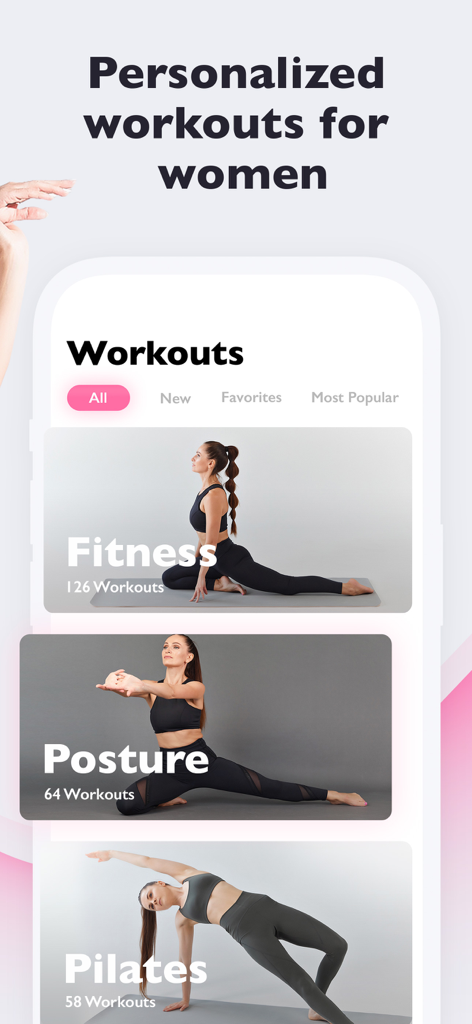 Glowly: Face & Body Workouts - Interface of Glowly app showing personalized workout categories like Fitness Posture and Pilates for women
