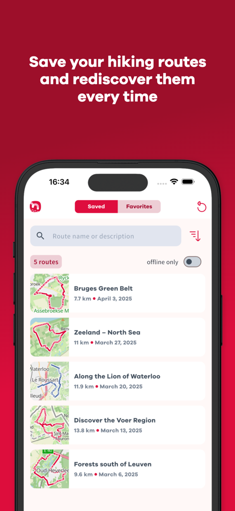 NodeMapp Hike - iPhone screen showing a list of saved hiking routes in the NodeMapp Hike app including Bruges and Zeeland