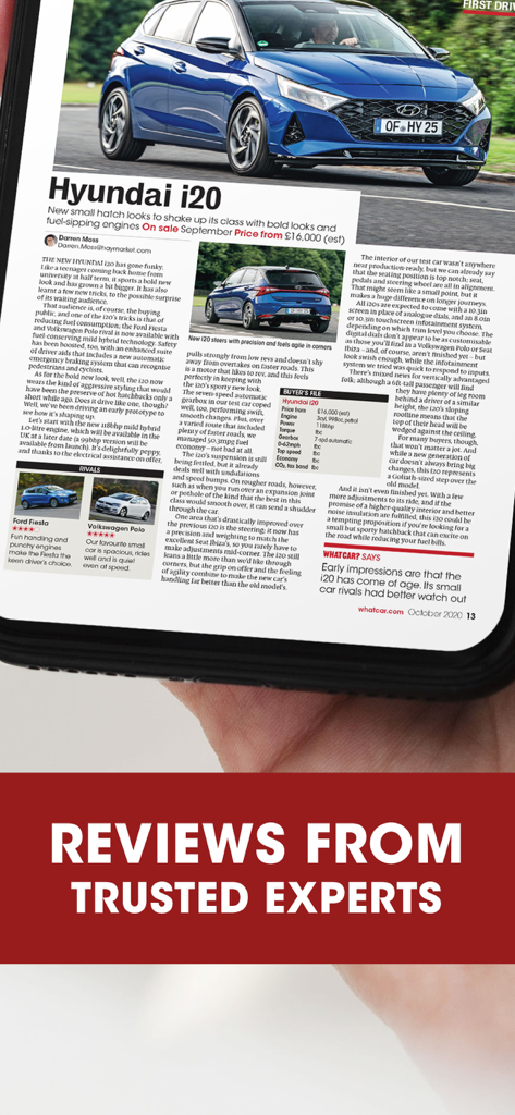 Revisão de revista digital de um Hyundai i20 na interface do aplicativo What Car